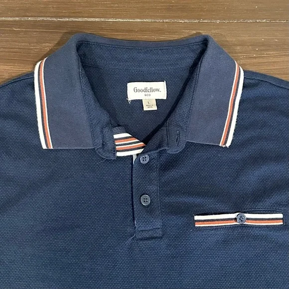 Goodfellow & Co Navy Polo Shirt Striped Trim Pocket Men’s Large - Picture 3 of 6